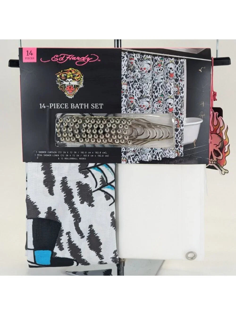 Ed Hardy 14 Piece Bath Set w Shower Curtain Liner w Hooks Tattoo Skull Design